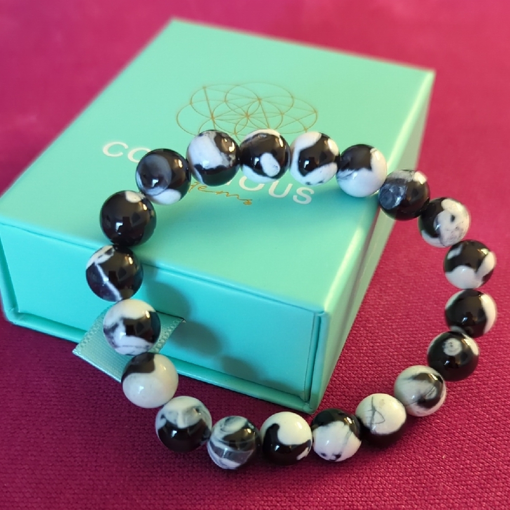 Black & White Marbled Bead Stretch Bracelet - Women Jewelry